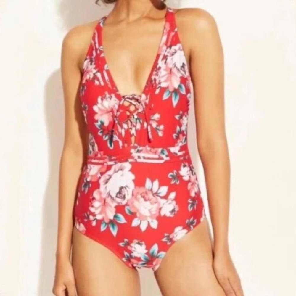 Kona Sol | Red Floral Lace Up Front Crisscross Back One‎ Piece Swimsuit, S